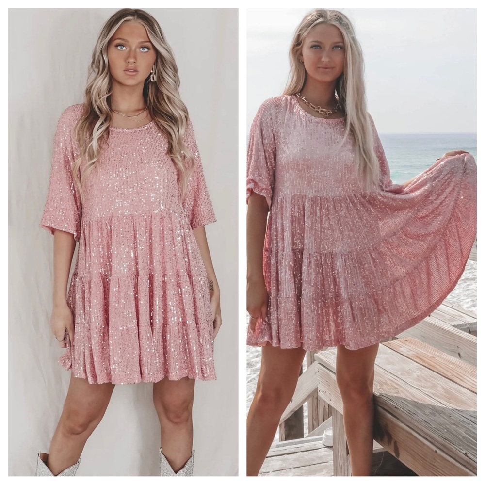 NWT Amazing lace pink sequin dress in size Large.